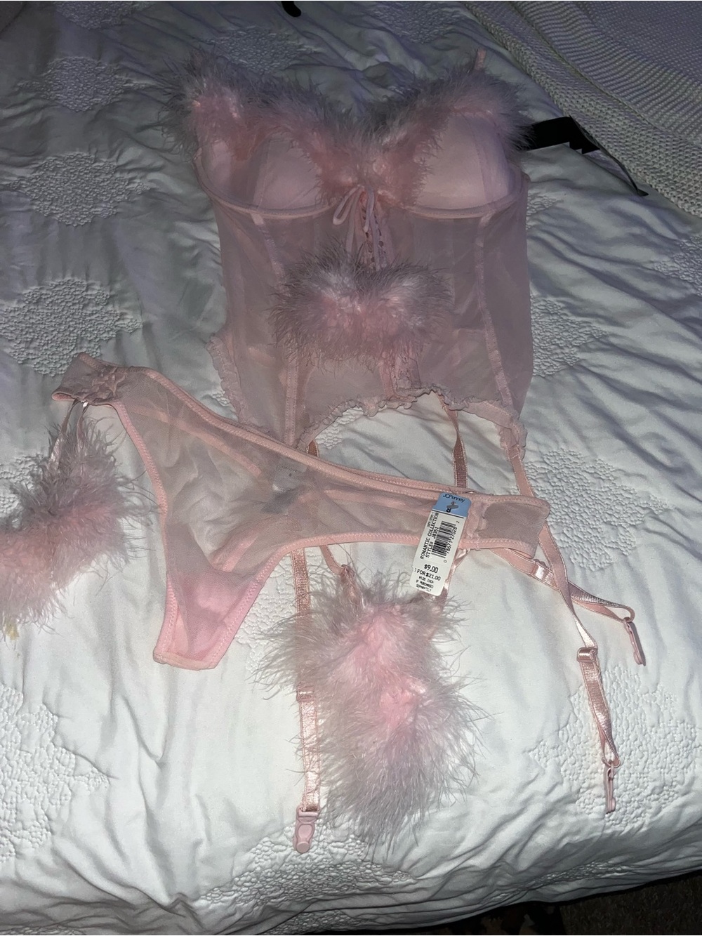 delicates Pink Sheer Feather-Trim Bustier & Garter Set Y2K